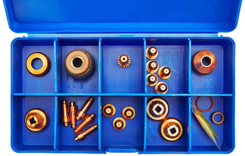 40 Amp XT40 Plasma Cutter Consumable Kit in blue case with electrodes, tips, shields, and grease for maintenance