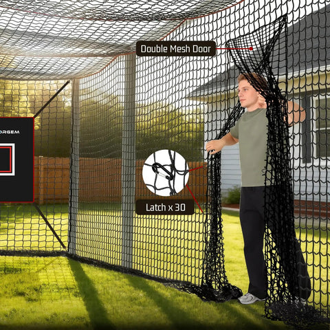 Person opening door of Heavy Duty Baseball Batting Cage Net With Door For Backyard And Indoor Practice 8 By 8 By 20 Feet Enclosed Hitting Netting Weather Resistant Polyester No Frame Included Ideal For Baseball And Softball Training in a backyard setting.