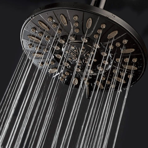 Rain Shower Head With Powerful High Pressure 7 Inch Diameter Six Settings Angle Adjustable Anti Clog Jets Tool Free Installation Easy Clean Nozzles Heavy Duty Brass Build US Standard Certified releasing water streams