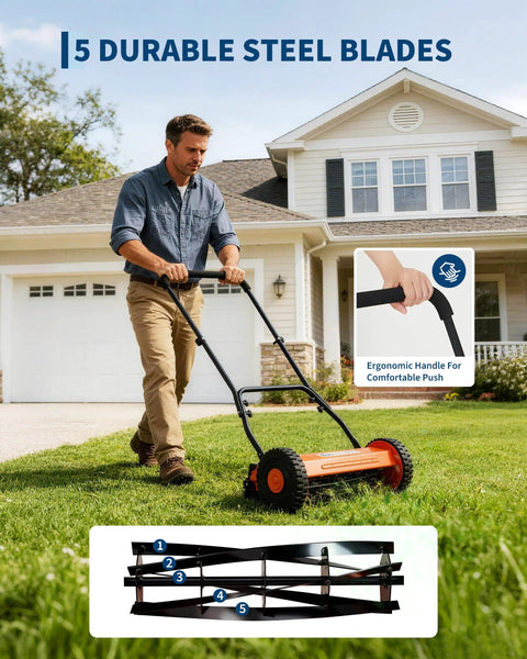 Compact 16 Inch Push Reel Lawn Mower With Five Blade Manual Reel Cutter Adjustable Cutting Height Walk Behind For Small Yards Orange Finish Scissor Like Clean Cut For Neat Lawn No Fuss, man mowing lawn