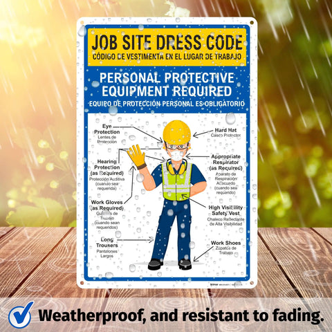 12 By 18 Inch Must Have Bilingual Job Site Dress Code Sign With English And Spanish PPE Warning Durable 0.055 Inch Polyethylene Plastic Bold Text Weatherproof And Easy Installation For Construction Sites.