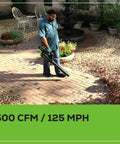 Person using 80V 21 Inch Brushless Cordless Lawn Mower, 500 CFM Axial Leaf Blower, And 13 Inch String Trimmer Combo Kit on patio