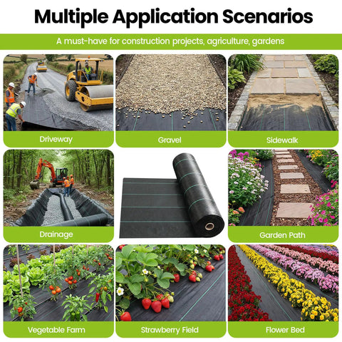 Heavy Duty 13x65ft Driveway Fabric 5.2oz Commercial Weed Barrier Landscape Geotextile shown in various application scenarios.