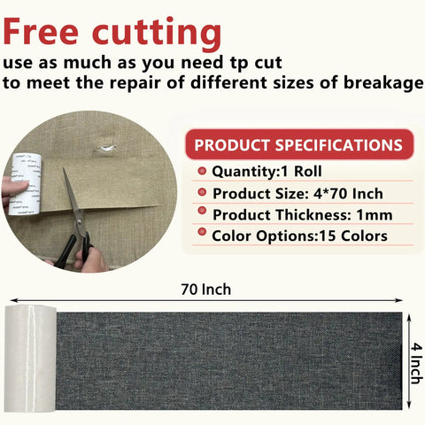 Dark Gray Self Adhesive Linen Repair Tape For Couch Sofa Patch No Sweat Diy Fix Flexible Cut Furniture Cover Strip For Chairs Cushions Bags 4 By 70 Inches with scissors and fabric being cut.
