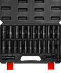 Deep 1/2 Inch Drive Impact Socket Set, Metric And SAE, 6 Point, Cr-V Steel, 12mm To 24mm, case with extension bars, auto repair gear