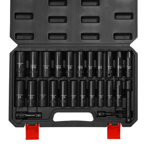 Deep 1/2 Inch Drive Impact Socket Set, Metric And SAE, 6 Point, Cr-V Steel, 12mm To 24mm, case with extension bars, auto repair gear