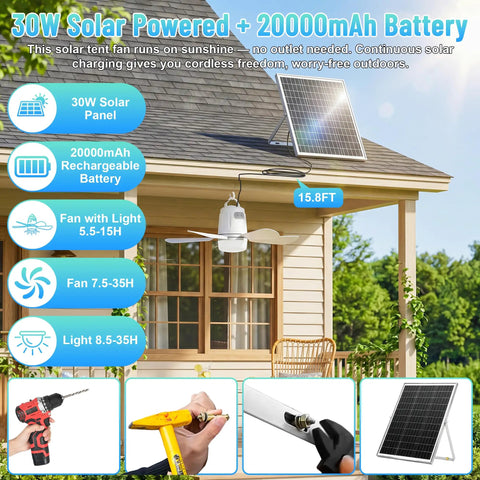 30 Inch Solar Ceiling Fan With 20000 Mah Battery And 30 Watt Panel installed outdoors with a solar panel for remote use.