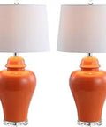 Set Of 2 27 Inch Orange Ceramic Urn Table Lamps With White Linen Shade For Living Room And Bedroom, Farmhouse Decor, LED Bulbs Included