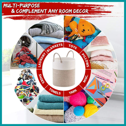 Huge Cotton Rope Storage Basket 18 By 16 Inches Decorative Woven Laundry Hamper for Living Room with various item uses shown.