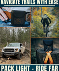 Biker riding in forest, image of truck on trail, close-up of pack with compass design accentuating outdoor adventure.