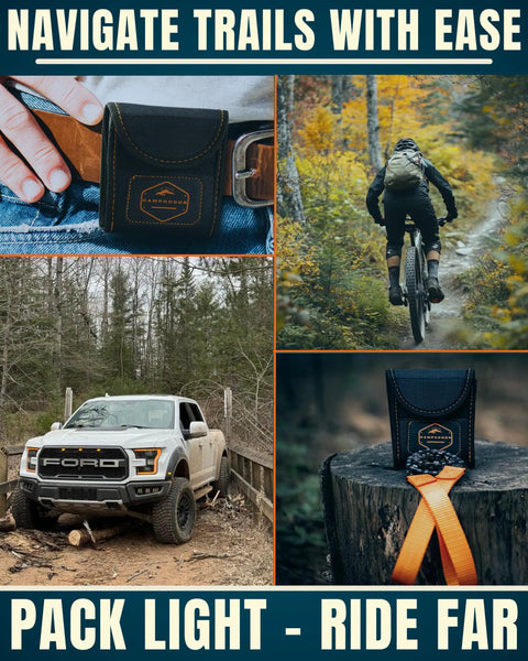 Biker riding in forest, image of truck on trail, close-up of pack with compass design accentuating outdoor adventure.
