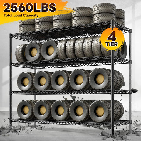 Heavy Duty Garage Shelving Unit with 4 Tier Adjustable Wire Shelves 2560 Lbs Capacity 55.5 Inch Wide Industrial Storage Rack for Home Shop and Commercial Use holding tires