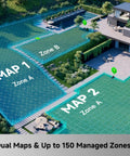 LiDAX Ultra 3000 All Terrain Robotic Lawn Mower No Fuss With AWD and 4G Dual Maps 360 Degree LiDAR and AI Vision Mapping Wire Free RTK overview map showing zones for navigation