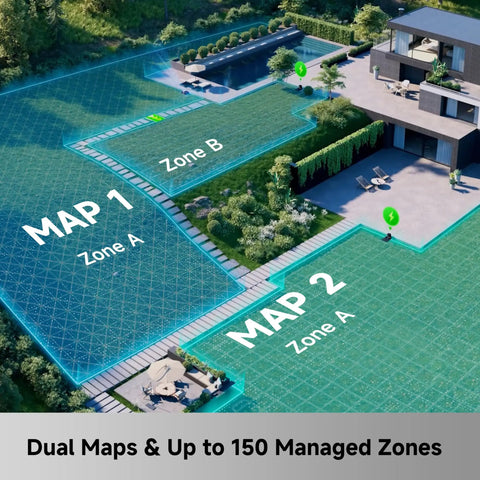 LiDAX Ultra 3000 All Terrain Robotic Lawn Mower No Fuss With AWD and 4G Dual Maps 360 Degree LiDAR and AI Vision Mapping Wire Free RTK overview map showing zones for navigation
