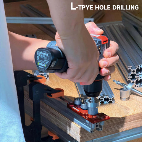 Person using Pro Grade Beefy All Metal Aluminum Profile Drill Guide Kit with Access Hole Jig for T-track installation on wood.