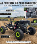 Gas Powered Go Kart For Adults With 212cc Mid Mounted Engine Off Road Ready Beast on dirt path, 2.6L tank visible