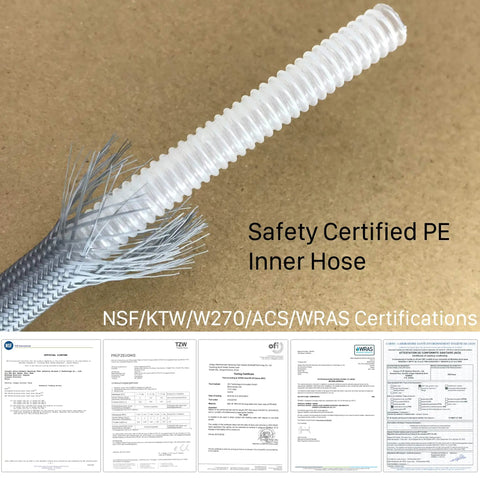 Pull Down Hose Kit For Moen Faucets 68 Inch Upgraded Version Replacement Part 150259 showing inner PE hose with certifications.