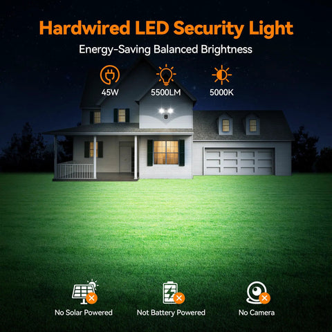 Rock Solid Dual Head LED Flood Light With Auto PIR Motion Sensor, 45W 5500 Lumens 5000K Daylight White, IP65 Weatherproof Hardwired Outdoor Security Light For Yard Or Driveway