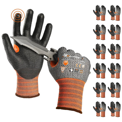 12 Pairs Cut Resistant Work Gloves With PU Coating For ANSI A4 Level Protection, Touchscreen Compatible, non-slip grip displayed