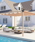 Outdoor Pergola With Solar LED Lights, Waterproof UPF 50 Plus UV Resistant Retractable Sun Shade, Wood Grain Aluminum Frame For Backyard
