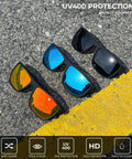 Polarized Sunglasses For Men With UV400 Protection, Lightweight And Durable in Black, Ice Blue, and Red shown on pavement.