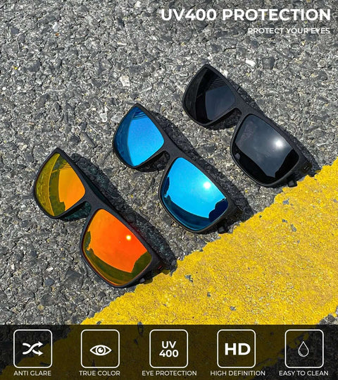 Polarized Sunglasses For Men With UV400 Protection, Lightweight And Durable in Black, Ice Blue, and Red shown on pavement.