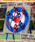 Eight Foam And Plastic Axes Axe Throwing Game Set With Heavy Duty Steel Frame over five feet tall bristle target with axes
