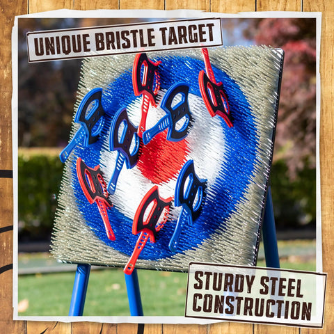 Eight Foam And Plastic Axes Axe Throwing Game Set With Heavy Duty Steel Frame over five feet tall bristle target with axes