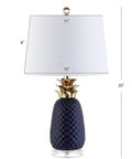 Navy Blue And Gold Pineapple Ceramic Table Lamp For Bedroom Decor With White Linen Drum Shade And LED Bulb Modern Whimsical Bedside Nightstand Light Includes Energy Saving LED Bulb Dope Vibe