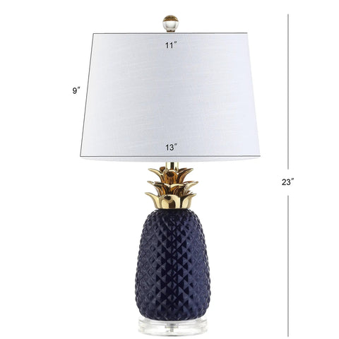 Navy Blue And Gold Pineapple Ceramic Table Lamp For Bedroom Decor With White Linen Drum Shade And LED Bulb Modern Whimsical Bedside Nightstand Light Includes Energy Saving LED Bulb Dope Vibe
