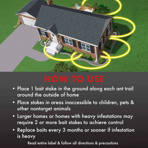 Diagram showing Outdoor Ant Killing Stakes 6 Count Kit placement around house for effective ant control