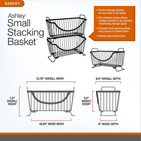 Large Stackable Wire Baskets For Pantry And Kitchen Counter Organizer, Space Saving Stacking Fruit Basket With Raised Feet And Handles For Vegetable, Fruit, Potato, Onion Storage In Satin Nickel Finish, front view.