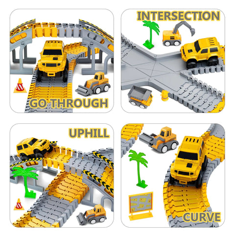 Ultimate 216 Piece Construction Race Track Playset For Kids Ages 3 4 5 6 7 8 With 5 Cars Flexible Track Signs Ramps