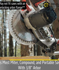 Delmar Tools miter saw laser guide attached to portable saw with 3/8" arbor; close-up of blade and motor