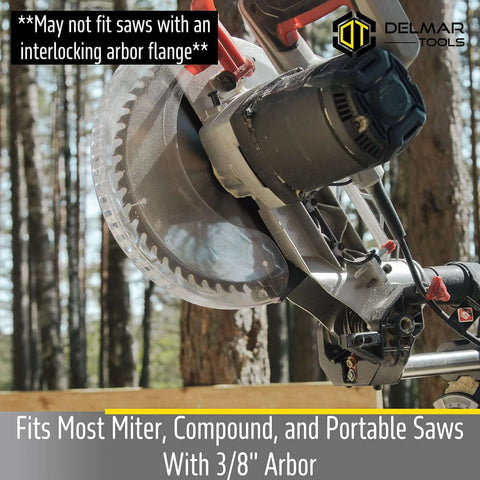 Delmar Tools miter saw laser guide attached to portable saw with 3/8" arbor; close-up of blade and motor