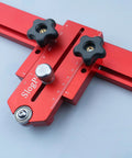 Extended Thin Rip Jig Table Saw Fence Guide For Dead On Repeat Narrow Strip Cuts Heavy Duty Aluminum Miter Slot Clamp showing red anodized rail with knobs.