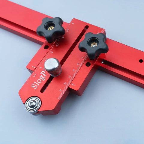 Extended Thin Rip Jig Table Saw Fence Guide For Dead On Repeat Narrow Strip Cuts Heavy Duty Aluminum Miter Slot Clamp showing red anodized rail with knobs.