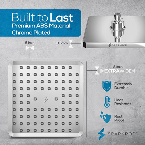 High Pressure Rain Shower Head Upgrade to Boost Your Shower Game, Easy Tool Free Install, Adjustable 8 Inch Square Chrome Rainfall Head, Premium Quality Replacement for a Spa Like Bath showing product specifications and features