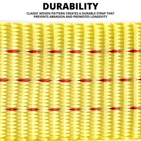 Close-up of Heavy Duty Tow Strap With Hooks, 2 Inch By 20 Foot, 10,000 Pound Capacity, Bright Yellow Polyester Webbing Recovery Strap
