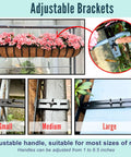 Adjustable brackets for Four Pack Twenty Four Inch Black Metal Railing Planter Boxes With Natural Coco Fiber Liner And Heavy Duty Adjustable Clamps For Quick No Sweat Deck Fence Balcony Patio Garden.