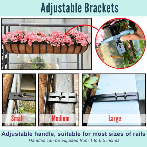 Adjustable brackets for Four Pack Twenty Four Inch Black Metal Railing Planter Boxes With Natural Coco Fiber Liner And Heavy Duty Adjustable Clamps For Quick No Sweat Deck Fence Balcony Patio Garden.