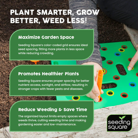 Gardener using Color Coded Square Foot Garden Spacing Template With Dibber Seed Spoon Ruler And Planting Guide in soil