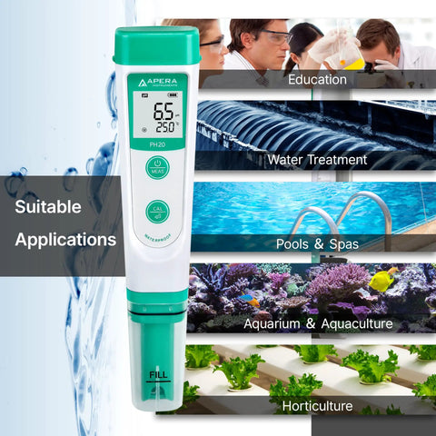 AI209 Value Series PH20 Waterproof pH Tester Kit With Auto Calibration And Buffer Recognition, 0.1 pH Accuracy, shown with applications.