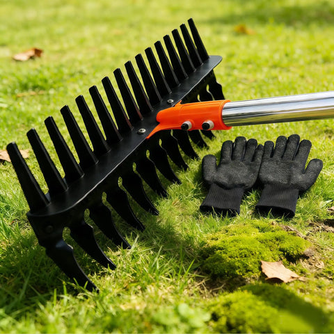 15 Inch Heavy Duty Thatch Rake With Two Row 29 Tines Metal Dethatcher Adjustable Handle and gloves on grass