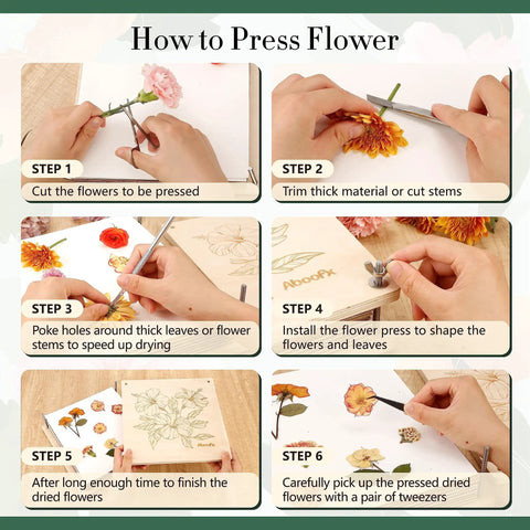 Instructional guide on how to use the 11x11 Inch 10 Layer Flower Press Kit For Diy Crafts Pressed Flowers And Plant Pressing Ideal For Wedding Bouquets Spring Blooms Herbs And Leaves To Create Totally Dried Florals Keepsakes Frames And Centerpieces.