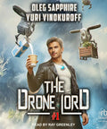 Cover of High Flying Drone Heist Adventure featuring a confident man holding a cup, surrounded by flying drones in a sky setting.