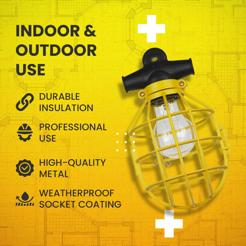 Heavy Duty 100 Foot Construction String Lights With Caged Work Light Sockets Portable Indoor Outdoor Temporary Lighting