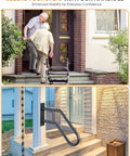 Elderly man using durable wrought iron wall mounted handrail for 1-3 indoor steps, shown on porch and exterior stairs.
