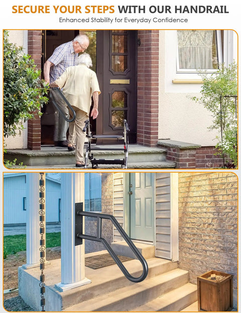 Elderly man using durable wrought iron wall mounted handrail for 1-3 indoor steps, shown on porch and exterior stairs.