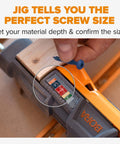 Pro Compact Pocket Hole Jig Kit With Auto Adjusting Drill Guide showing screw size indicator and self-calibrating feature.